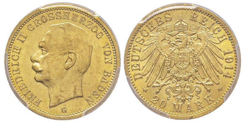 Baden, Friedrich II 1907-1918
20 Mark, 1914 G, AU 7.96 g.
Ref : Fr. 3760, KM#284...