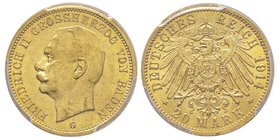 Baden, Friedrich II 1907-1918
20 Mark, 1914 G, AU 7.96 g.
Ref : Fr. 3760, KM#284, J. 192
Conservation : PCGS MS63+