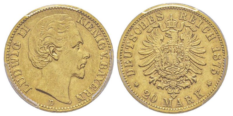 Baden, Ludwig II 1864-1886
20 Mark, 1875 D, AU 7.96 g.
Ref : Fr. 3763, KM#504, J...