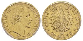 Baden, Ludwig II 1864-1886
20 Mark, 1875 D, AU 7.96 g.
Ref : Fr. 3763, KM#504, J. 197
Conservation : PCGS AU55. Rare