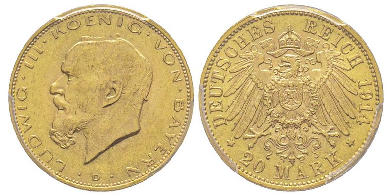 Baden, Ludwig II 1864-1886
20 Mark, 1914 D, AU 7.96 g.
Ref : Fr. 3772, KM#1009, ...