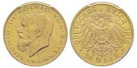 Baden, Ludwig II 1864-1886
20 Mark, 1914 D, AU 7.96 g.
Ref : Fr. 3772, KM#1009, J. 202
Conservation : PCGS MS64. Rare