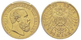 Hessen 
Ludwig IV 1877-1892
20 Mark, 1892, AU 7.96 g.
Ref : Fr. 3788, KM#365, J. 221
Conservation : PCGS AU58. Rare