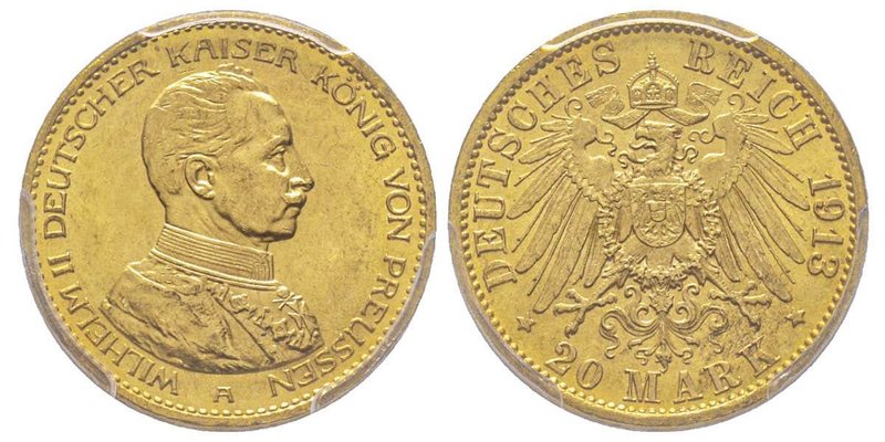 Prussie
Wilhelm II 1888-1918
20 Mark, Berlin, 1913 A, AU 7.96 g.
Ref : Fr. 3833,...