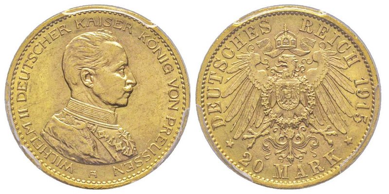 Prussie
Wilhelm II 1888-1918
20 Mark, Berlin, 1915 A, AU 7.96 g.
Ref : Fr. 3833,...