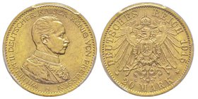 Prussie
Wilhelm II 1888-1918
20 Mark, Berlin, 1915 A, AU 7.96 g.
Ref : Fr. 3833, KM#537, J.253
Conservation : PCGS MS63+. Rare