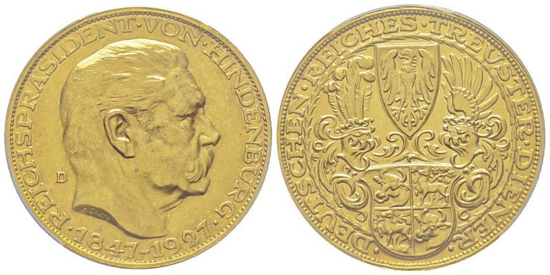 Weimar Republic 1847-1927
Médaille au module de 5 Mark, 1927 D, Paul von Hindenb...
