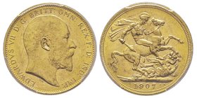 Australia
Edward VII 1901-1910
Sovereign, Melbourne, 1907 M, AU 7.98 g. 917‰
Ref : Fr. 33, KM#15, Seaby 3971, Marsh 191
Conservation: PCGS MS64