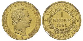 Austria, 
Franz Joseph 1848-1916
Krone, Vienne, 1861 A, AU 11.13 g.
Ref : Fr. 496, Jl 423
Conservation : NGC MS64 Prooflike. Très Rare