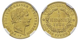 Austria, Franz Joseph 1848-1916
1/2 krone, Venise, 1858 V, AU 5.57 g.
Ref : Fr. 1515, Jl 314
Conservation : NGC MS62
Quantité : 947 exemplaires. Raris...