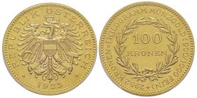 Austria
République 1918-
100 Kronen, Vienne, 1923, AU 33.90 g.
Ref : Fr. 518, KM#2831
Conservation : PCGS Prooflike 62