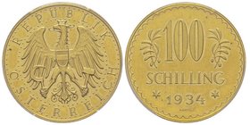 Austria
République 1918-
100 Schilling, 1934, AU 23.52 g.
 Ref : Fr. 520, KM#2842 
Conservation : PCGS PL63
