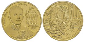 Austria
République 1918-
1000 Schilling, 1999, Emperor Karl I, AU 15.55 g.
 Ref : Fr. 930, KM#3062
Conservation : PCGS PROOF 66 DEEP CAMEO