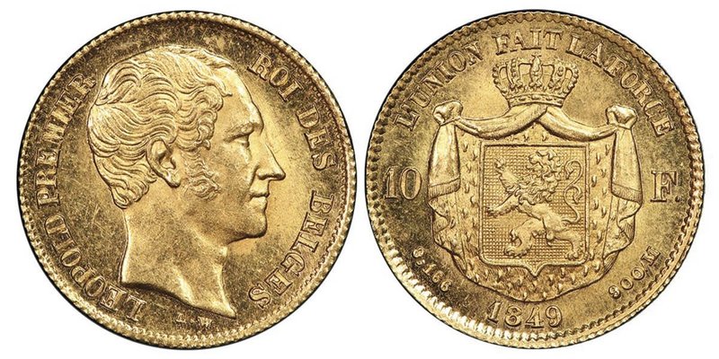 Leopold I 1831-1865
10 Francs, Bruxelles, 1849, AU 3.22 g.
Ref : Fr. 408, KM#18,...