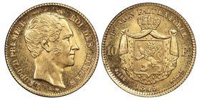 Leopold I 1831-1865
10 Francs, Bruxelles, 1849, AU 3.22 g.
Ref : Fr. 408, KM#18, Dupriez 403
Conservation : PCGS MS65
Quantité : 37.000 exemplaires. R...