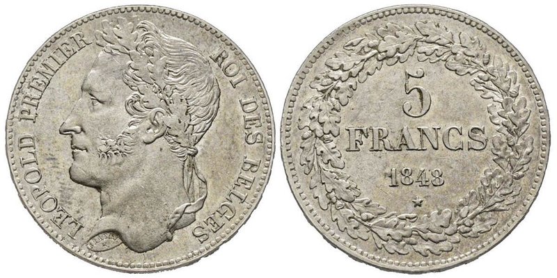 Leopold I 1831-1865
5 Francs, 1848, AG 24.94 g.
Ref : KM#3.2, Dupriez 375
Conser...