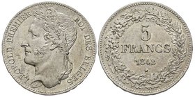 Leopold I 1831-1865
5 Francs, 1848, AG 24.94 g.
Ref : KM#3.2, Dupriez 375
Conservation : Superbe