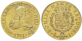 Chile
Fernando VI 1746-1759 
8 Escudos, Santiago, 1751 So J, AU 27 g. 
Ref : Cayon 10871, Fr. 5, Cal. 72
Conservation : PCGS MS62