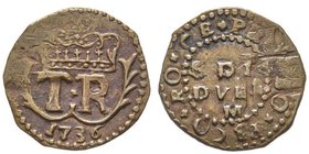 Corsica
Theéodore de Neuhof
2 1/2 Soldi, Orezza, 1736, Cuivre 2.18 g.
Avers : dans un cercle de grènetis, TR (Théodorus Rex) sous une couronne, enca...