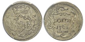 Corsica, Pascal Paoli 1762-1768
20 soldi, Corte, 1768, AG 3.52 g.
Avers : Dans un cercle linéaire surmonté d'une fine guirlande, tête de Maure sur une...