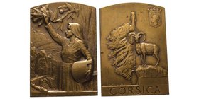 Plaque en bronze, AE 125 g., 50 X 70, par Patriarche
Avers : Femme corse récoltant des châtaignes au-devant d'un paysage de Corse, signature LOUIS PAT...