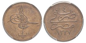 Egypt
Abdul Aziz 1861-1876
4 Para, AH 1277//4 (1863), Cu 2.26 g.
Ref : KM#240
Conservation : PCGS MS65 RD