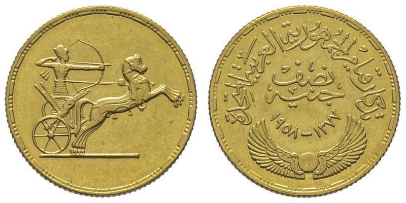 Egypt
Première République AH 1373-1378 (1953-1958)
1/2 Pound, 1374 (1955), AU 4....