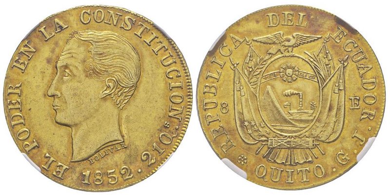 Ecuador (Équateur)
8 Escudos, Quito, 1852/0 GJ, AU 26.9 g.
Ref : Fr. 8, KM#34.1
...