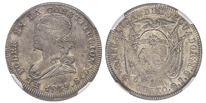 Ecuador (Équateur)
2 Reales, 1849 GJ, AG 6.46 g.
Ref : KM#33
Conservation : NGC ...