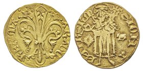 Alfonso IV 1416-1458
Florin or, Mallorca, AU 3.42 g.
Avers : ARAGO REX MA Grande fleur de lis épanouie
Revers : S IONA NNIES B M Saint Jean-Baptiste ...