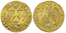 Fernando II et Isabella (Reyes Católicos) 1474-1504
Doble excelente, Sevilla, S parmi les bustes et X en haut, AU 7.01 g.
Ref : Cal. 78, Fr. 129
Conse...
