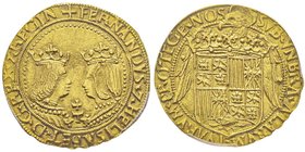Fernando II et Isabella (Reyes Católicos) 1474-1504
Doble Excelente, Toledo, AU 7.01 g.
Avers : FERNANDVS ET HELISABET DG REX ET REGIN
Revers : SVB VN...