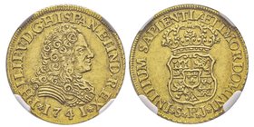 Felipe V 1700-1746
2 Escudos, Sevilla, 1741, AU 6.78 g.
Ref : Cal. 431, Fr.236, KM#353
Conservation : NGC AU58. Superbe