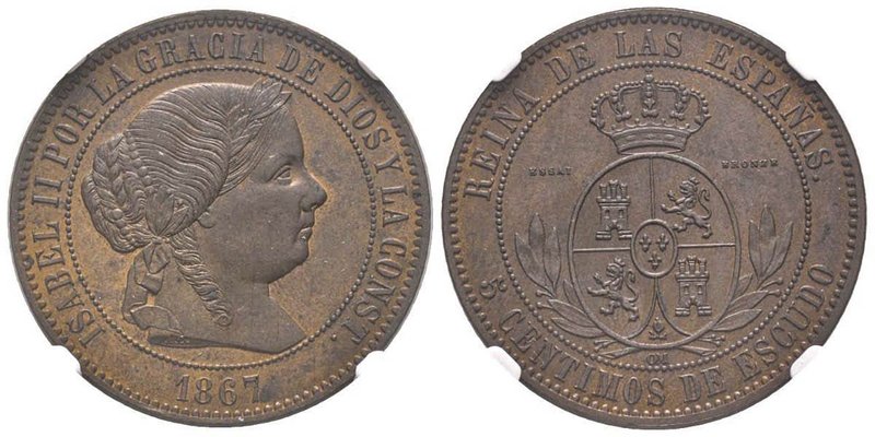 Isabel II 1833-1868
Essai en bronze de 5 Centimos de Escudo, Paris, 1867 OM, tra...