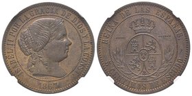 Isabel II 1833-1868
Essai en bronze de 5 Centimos de Escudo, Paris, 1867 OM, tranche lisse, AE 12.44 g.
Ref : Cayón 16777
Conservation : NGC MS63BN. U...