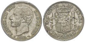 Alfonso XII 1874-1885
2 Pesetas, Madrid, 1882 MS M, AG 10 g.
Ref : Cal. 51, KM#678.2
Conservation : PCGS MS64+. Conservation exceptionnelle