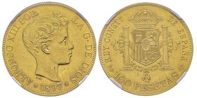 Alfonso XIII 1886-1931
100 Pesetas, Madrid, 1897 SGV, AU 32.25 g.
Ref : Fr. 347, KM#708 
Conservation : NGC MS62. Très Rare dans cet état