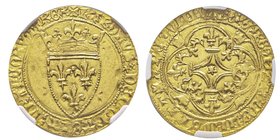 Charles VI 1380-1422
Écu d’or à la couronne, 1388, AU 3.81 g.
Ref : Dupl. 369, Fr. 291 
Conservation : NGC MS62