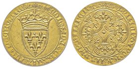 Charles VI 1380-1422
Écu d’or à la couronne, Tours, 1388, AU 3.90 g.
Ref : Dupl. 369c, Fr. 291 
Conservation : PCGS MS63