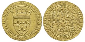 Charles VI 1380-1422
Écu d'or à la couronne, Saint-André de Villeneuve-lès-Avignon, AU 3.95 g. 
Ref : Dup. 369d, Fr. 291
Conservation : Superbe