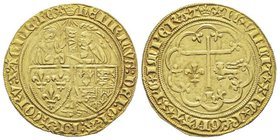 Henri VI d'Angleterre 1422-1453
Salut d'or, seconde émission, Paris, AU 3.49 g.
Ref : Dup. 443a, Fr. 301
Conservation : TTB/SUP