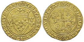 Charles VII 1422-1461
Écu d'or à la couronne, 3e émission, janvier 1447, AU 3.44 g.
Ref : Dup. 511b, Fr. 307
Conservation : TTB