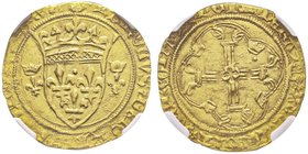 Charles VII 1422-1461
Écu d'or á la couronne ou Écu neuf, AU 3.45 g.
Ref : Dupl. 511, Fr. 307
Conservation : NGC MS63