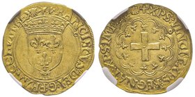 François Ier 1515-1547
Écu d'or à la croisette, Toulouse, 1er type, 15 mars 1541, AU 3.43 g.
Ref : Dupl. 889, Fr. 351
Conservation : NGC MS62