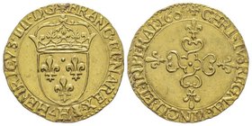 Henri IV 1589-1610
Écu d’or au soleil, La Rochelle, 1605 H, AU 3.34 g.
Avers : HENRICVS II II D G FRANC ET NA REX H Écu de France couronné Revers...