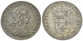 Louis XIII 1610 1643
1/4 Écu, 2ème poinçon de Warin buste drapé et cuirassé, Paris, 1643 A, rose, AG 6.86 g.
Ref : G. 48 (R2)
Conservation : anciennem...