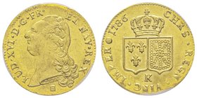 Louis XVI 1774-1793
Double louis d'or à la tête nue, Bordeaux, 1786 K, AU 15.2 g.
Ref : G. 363, Dupl. 1706, Fr. 470
Conservation : PCGS MS64+