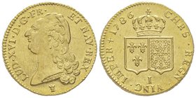 Louis XVI 1774-1793
Double louis d'or à la tête nue, Limoges, 1786 I, AU 15.23 g.
Ref : G. 363, Dupl. 1706, Fr. 470
Conservation : fines rayures sinon...