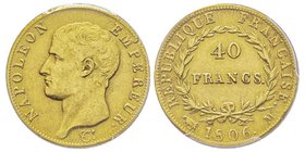 Premier Empire 1804-1814 
40 Francs, Toulouse, 1806 M, AU 12.9 g. 
Ref : G. 1082, Fr. 486 
Conservation : NGC XF45.
Quantité : Quelques exemplaires co...