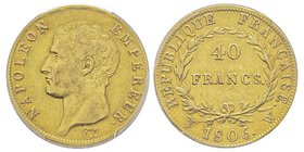 Premier Empire 1804-1814 
40 Francs, Lille, 1806 W, AU 12.9 g.
Ref : G. 1082, Fr. 483
Conservation : PCGS AU53
Quantité : 4336 exemplaires. Rare.